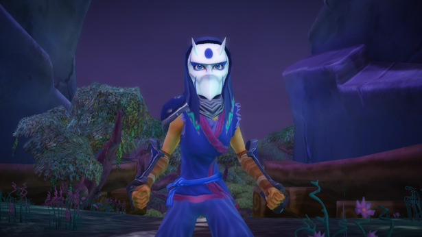A masked ninja in a purple woodland at night