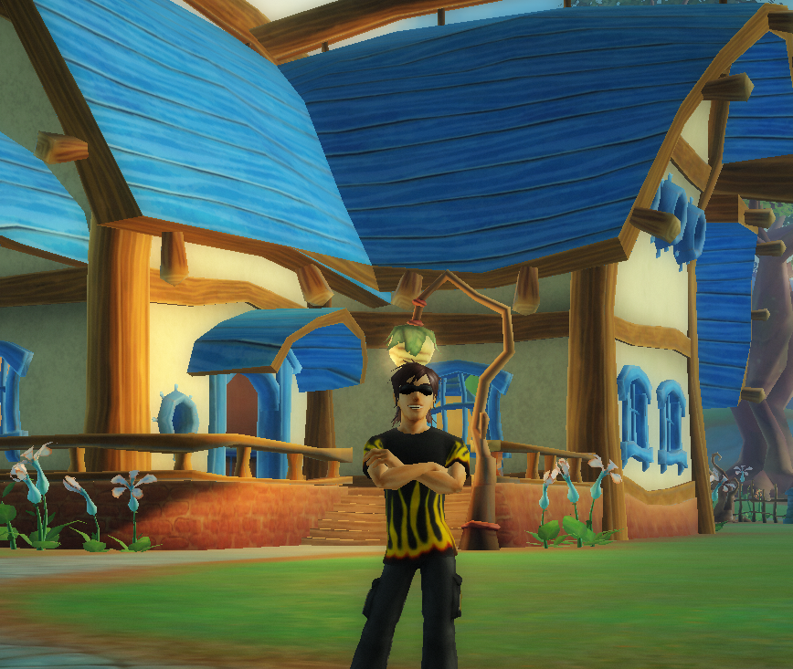 A character in a black and gold shirt standing outside a blue-roofed Free Realms house