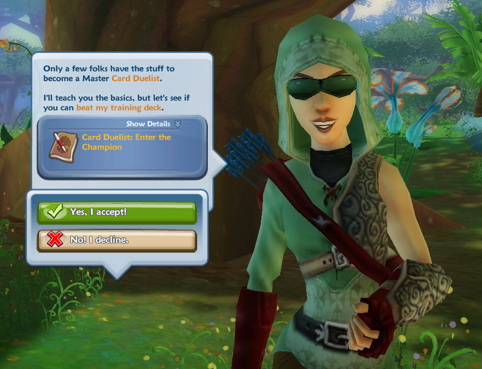 A green-hooded character offering the Card Duelist: Enter the Champion quest